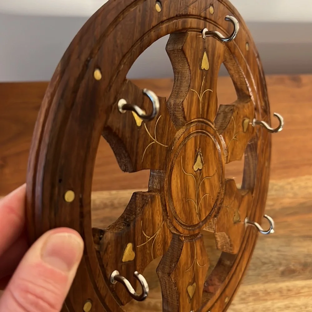 Vintage Boho Inlaid Brass and Wood Wall Key Hanger / Jewelry Hanger.